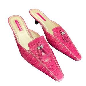 Unisa Hot Pink Playa Croc Leather Tassel Pointed Toe Kitten Heel Mules Size 7